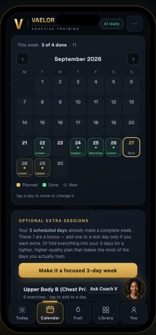 Vaelor app screen — Miss a day, add a day