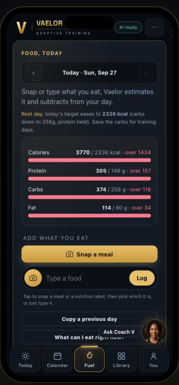 Vaelor Fuel screen: calories and macros for the day