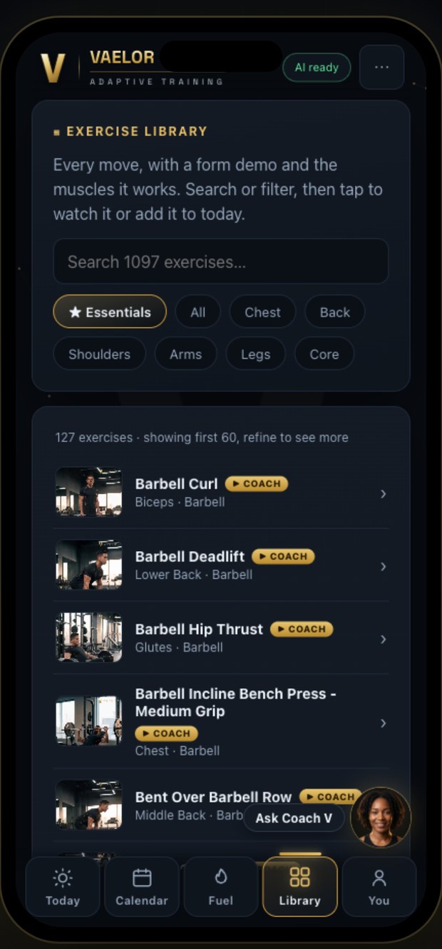 Vaelor app screen — 1,097 exercises