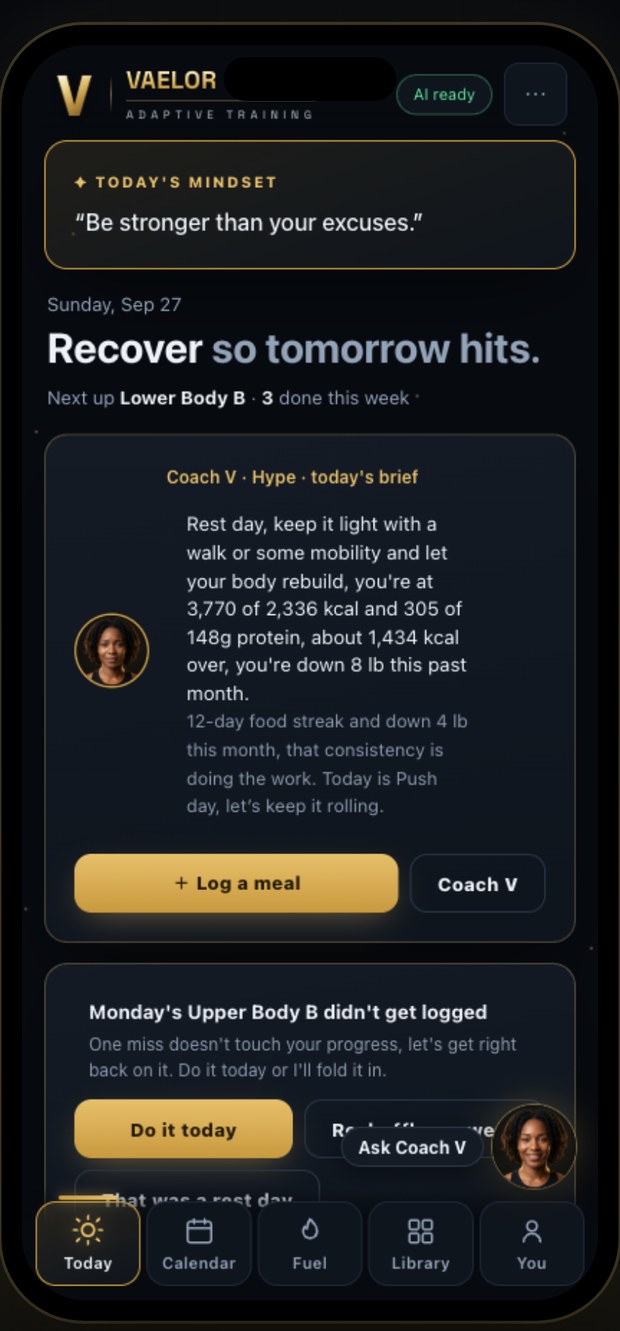 Vaelor Today screen: the day's brief from Coach V